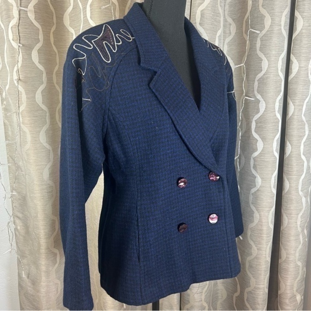 Vintage 80's Houndstooth Embroiderd Wool Blazer Jacket Sz 13
